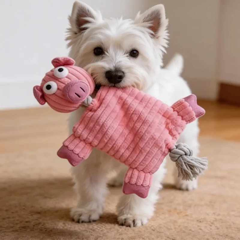 Small white dog carrying Piggy Puff No-Stuffing Squeaky Dog Toy for fetch and cuddle play