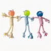 Scarecrow Rope Tug Dog Toy in yellow, blue, and pink with textured rubber heads and braided rope bodies for small dogs