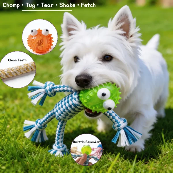 Small white dog playing with a Scarecrow Rope Tug Dog Toy on grass, showing chew, tug, fetch, and squeaky play features