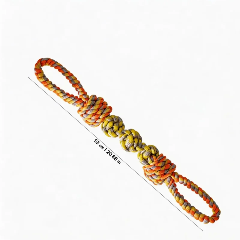 Tug 4-Knot Dual Handle Dog Rope Toy in Sunset Orange, 53 cm braided rope tug toy with 4 knots and dual handles