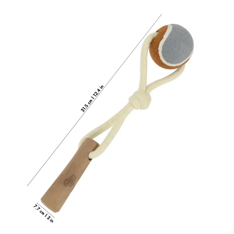 TrailTug Tennis Tugger coffee wood rope dog enrichment toy with tennis-style ball for fetch, tug, and chew play.