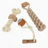 TrailTug Coffee Wood Rope Dog Enrichment Toy collection with Bone Cotton Rope, Tennis Tugger, and Thick Braided Tug Rope styles.