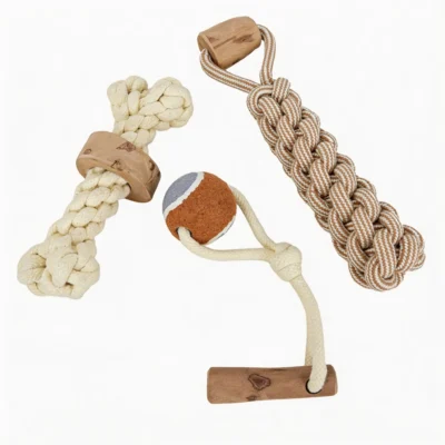 TrailTug Coffee Wood Rope Dog Enrichment Toy TrailTug Coffee Wood Rope Dog Enrichment Toy collection with Bone Cotton Rope, Tennis Tugger, and Thick Braided Tug Rope styles.