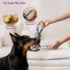 Tug 4-Knot Dual Handle Dog Rope Toy in Navy Sunburst used for interactive tug play with a large dog indoors
