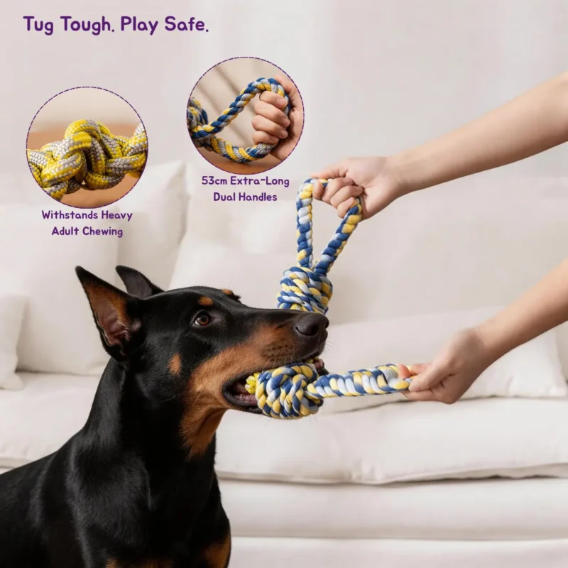 Tug 4-Knot Dual Handle Dog Rope Toy in Navy Sunburst used for interactive tug play with a large dog indoors
