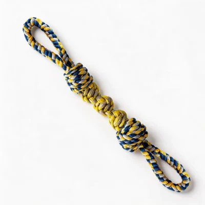 Navy Sunburst Tug 4 Knot Dual Handle Dog Rope Toy Size Main Tug 4-Knot Dual Handle Dog Rope Toy in Navy Sunburst with thick braided rope, 4 knots, and loop handles for tug play