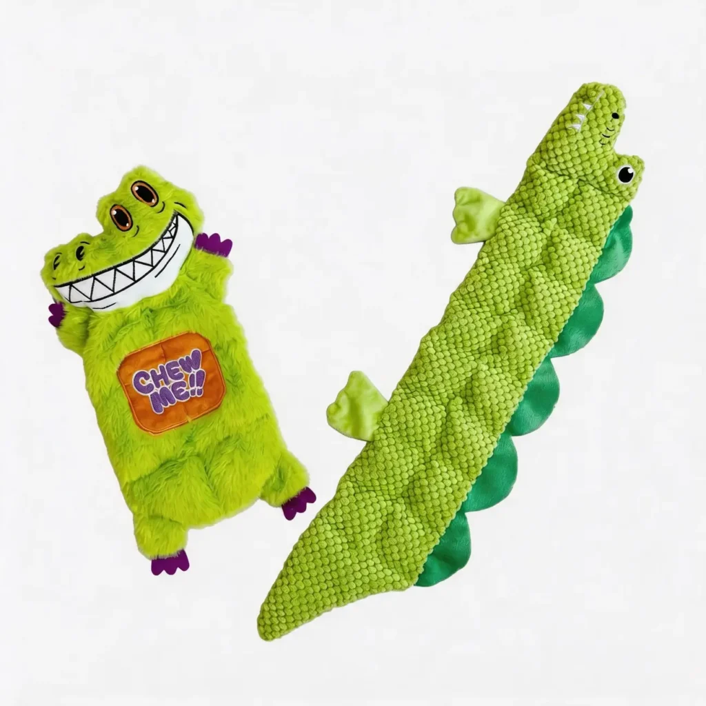 Gator Giggles Multi-Squeak Plush Dog Toy collection with Chew Me Gator and Long Chomp Gator alligator plush toys