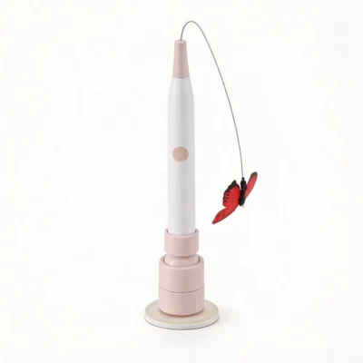 Automatic Butterfly Cat Wand Hands-Free Suction Cup Pink Automatic Butterfly Cat Wand Hands-Free Suction Cup Interactive Cat Toy in pink with a fluttering butterfly teaser for indoor cat play.