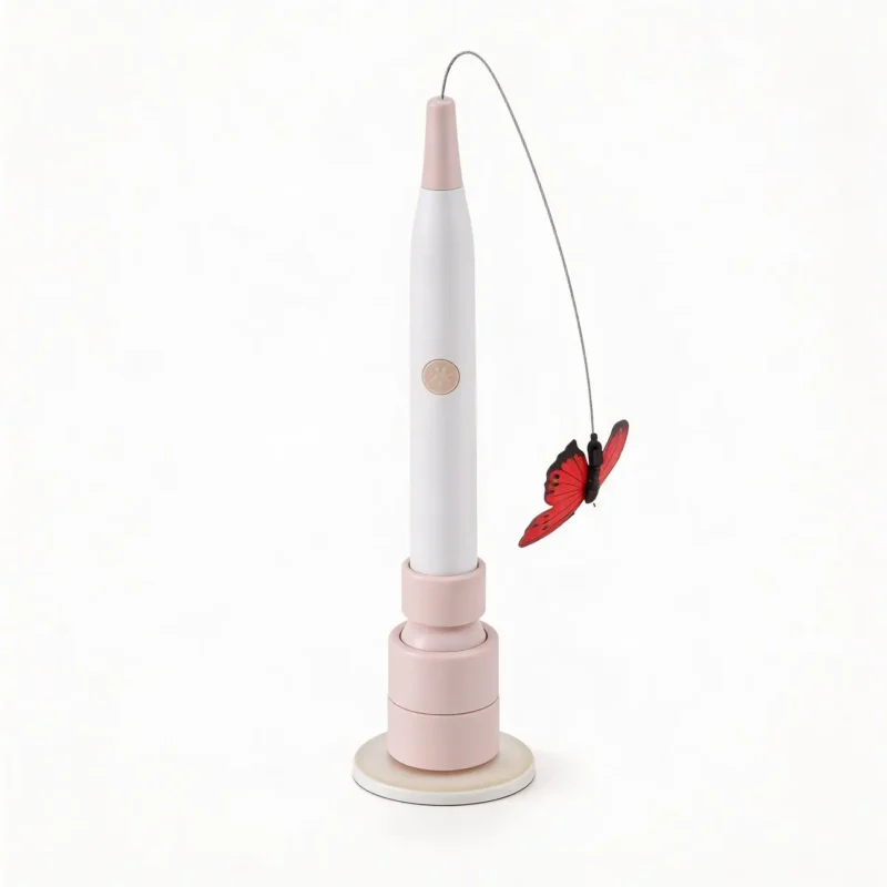 Automatic Butterfly Cat Wand Hands-Free Suction Cup Interactive Cat Toy in pink with a fluttering butterfly teaser for indoor cat play.
