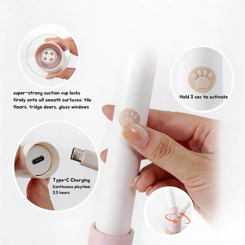 Detail view of the Automatic Butterfly Cat Wand with Type-C charging, paw button activation, and a strong suction cup base.