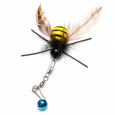 Bee cat teaser replacement lure with a yellow-and-black body, natural feather wings, silicone feelers, metal connector, and blue bell.