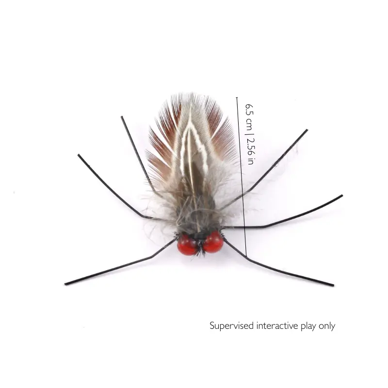 beetle-cat-wand-toy-feather-insect-attachment-size Beetle cat wand toy with feather wings and insect details, a small cat wand replacement toy designed for interactive prey-inspired play