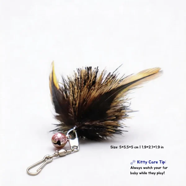 BioBug Bumblebee cat wand replacement with black and golden feathers, natural deer hair, bell, and quick clip for chasing and pouncing play.