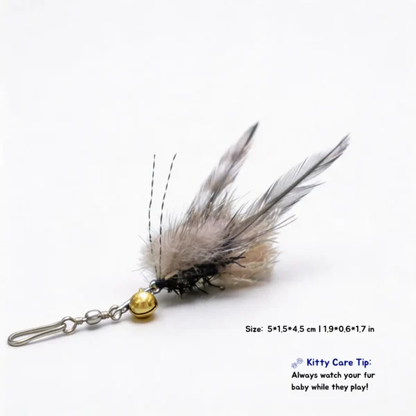 Mosquito BioBug natural deer hair and feather cat wand replacement with gray feathers, a clip, and a bell. Size: 5 x 1.5 x 4.5 cm / 1.9 x 0.6 x 1.7 in. Kitty Care Tip: Always watch your fur baby while they play.