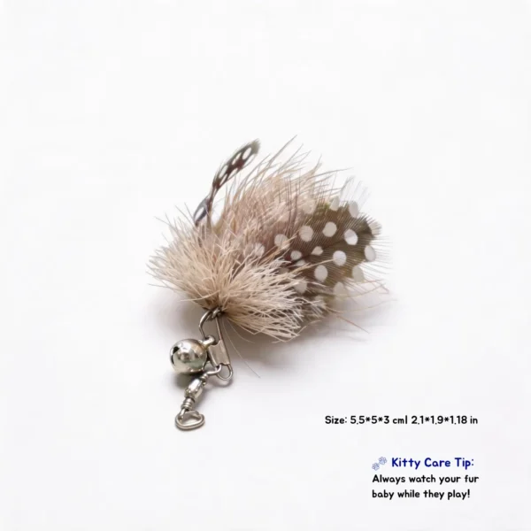 BioBug Pearl Moth feather cat wand replacement with spotted wing feathers, natural deer hair texture, bell, and metal clip for indoor cat enrichment.