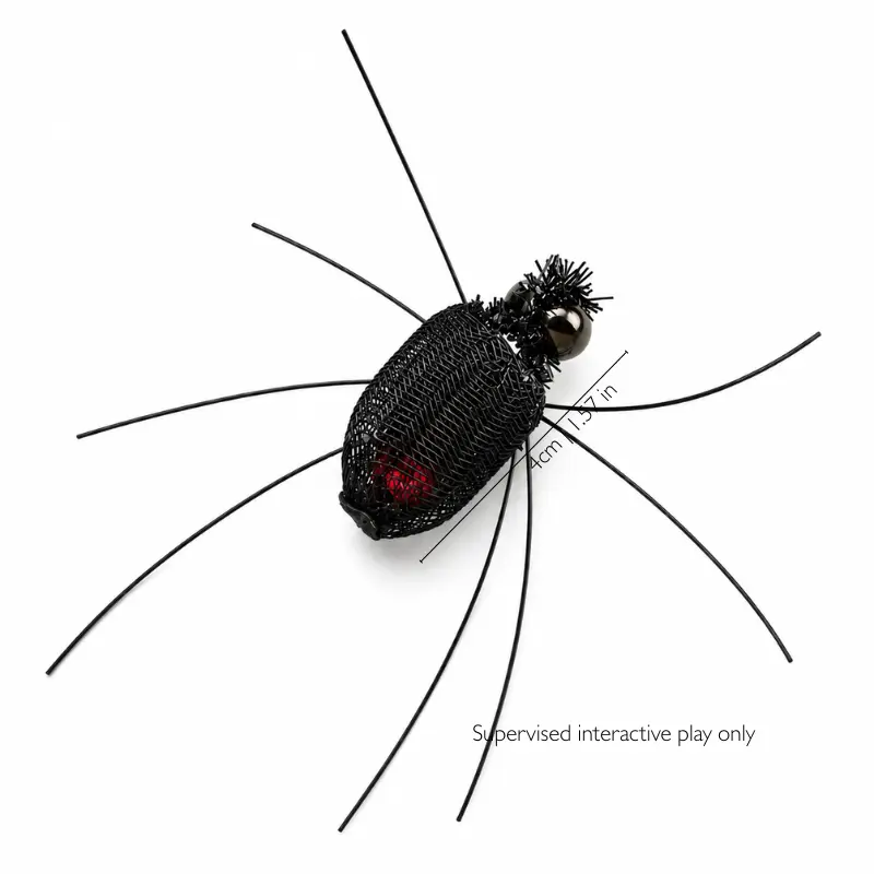 Black spider cat teaser replacement size guide showing the compact insect body and long legs designed for interactive hunting play.