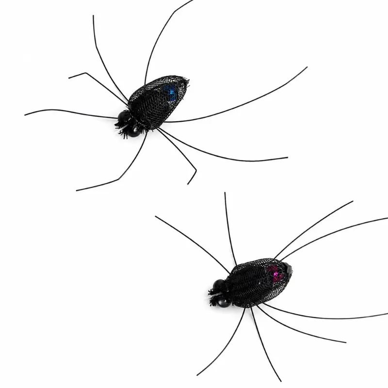 Two black spider cat toy insect lures showing the detailed body shape and long flexible legs of this cat teaser replacement attachment.
