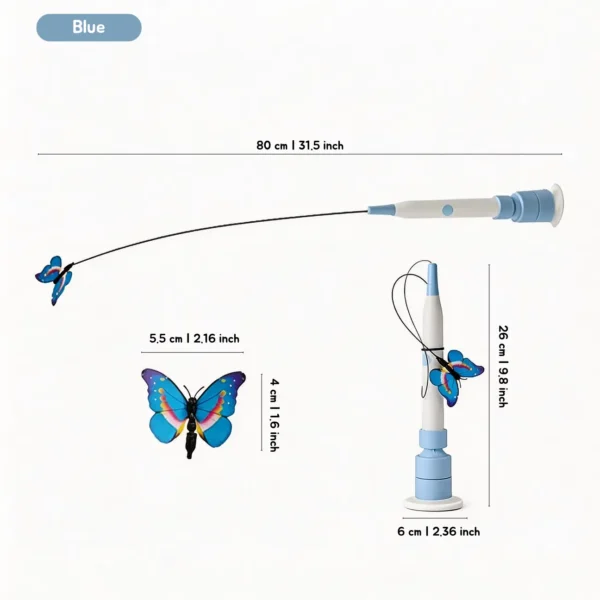 Blue Automatic Butterfly Cat Wand size guide with 80 cm wand length, suction cup base, and butterfly teaser dimensions.