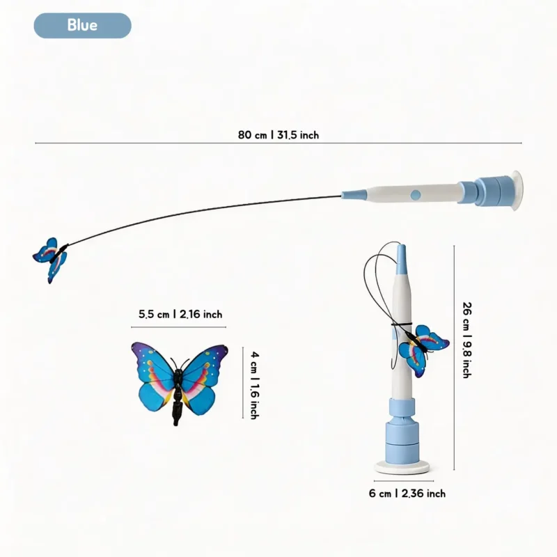 Blue Automatic Butterfly Cat Wand size guide with 80 cm wand length, suction cup base, and butterfly teaser dimensions.
