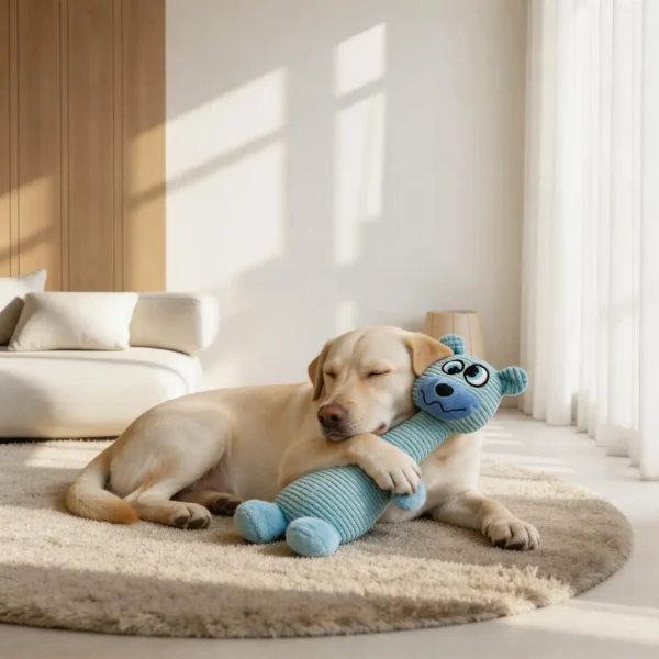 Labrador cuddling the Blue Bear Huggy LongNeck Tug & Squeak Dog Toy on a cozy rug