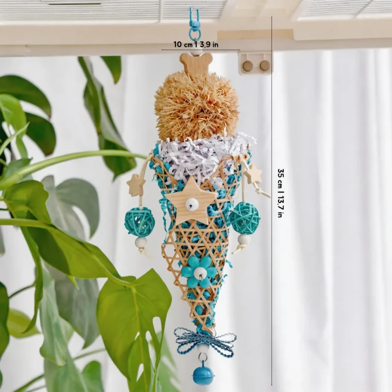 Blue Sundae Shred Cone Foraging and Chew Toy size chart showing 35 cm height and 10 cm width for small to medium parrots