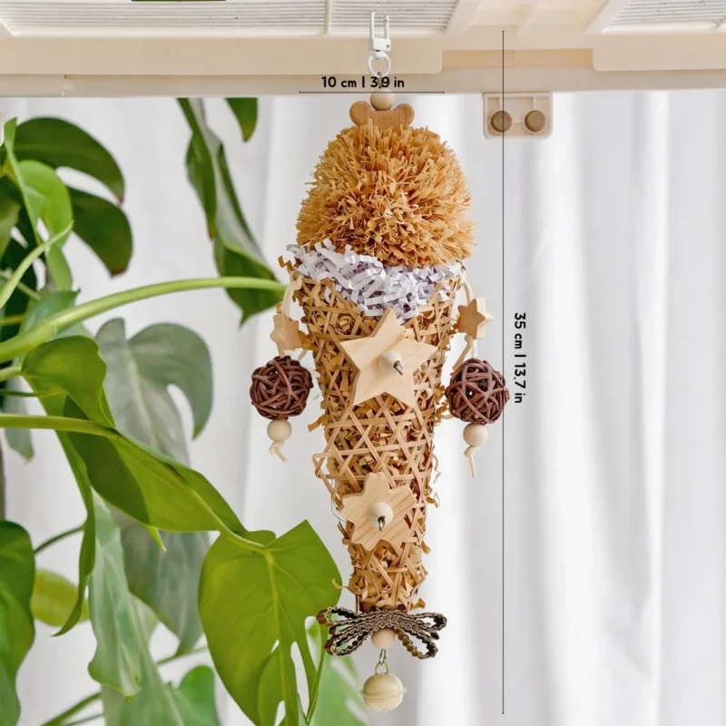 Brown Sundae Shred Cone Foraging and Chew Toy with natural rattan look, wood stars, paper shred, vine balls, and 35 cm hanging length