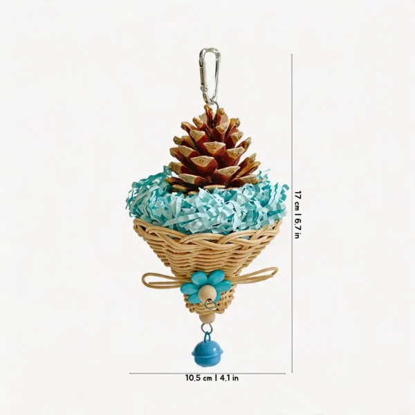 Blue Busy Beak Foraging Basket Bird Toy with wicker basket, crinkle paper, pine cone, and hanging bell