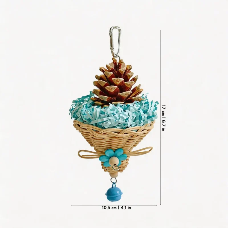 Blue Busy Beak Foraging Basket Bird Toy with wicker basket, crinkle paper, pine cone, and hanging bell