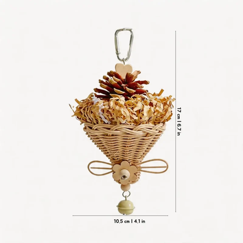 Brown Busy Beak Foraging Basket Bird Toy with natural wicker basket, pine cone, shredding paper, and hanging bell