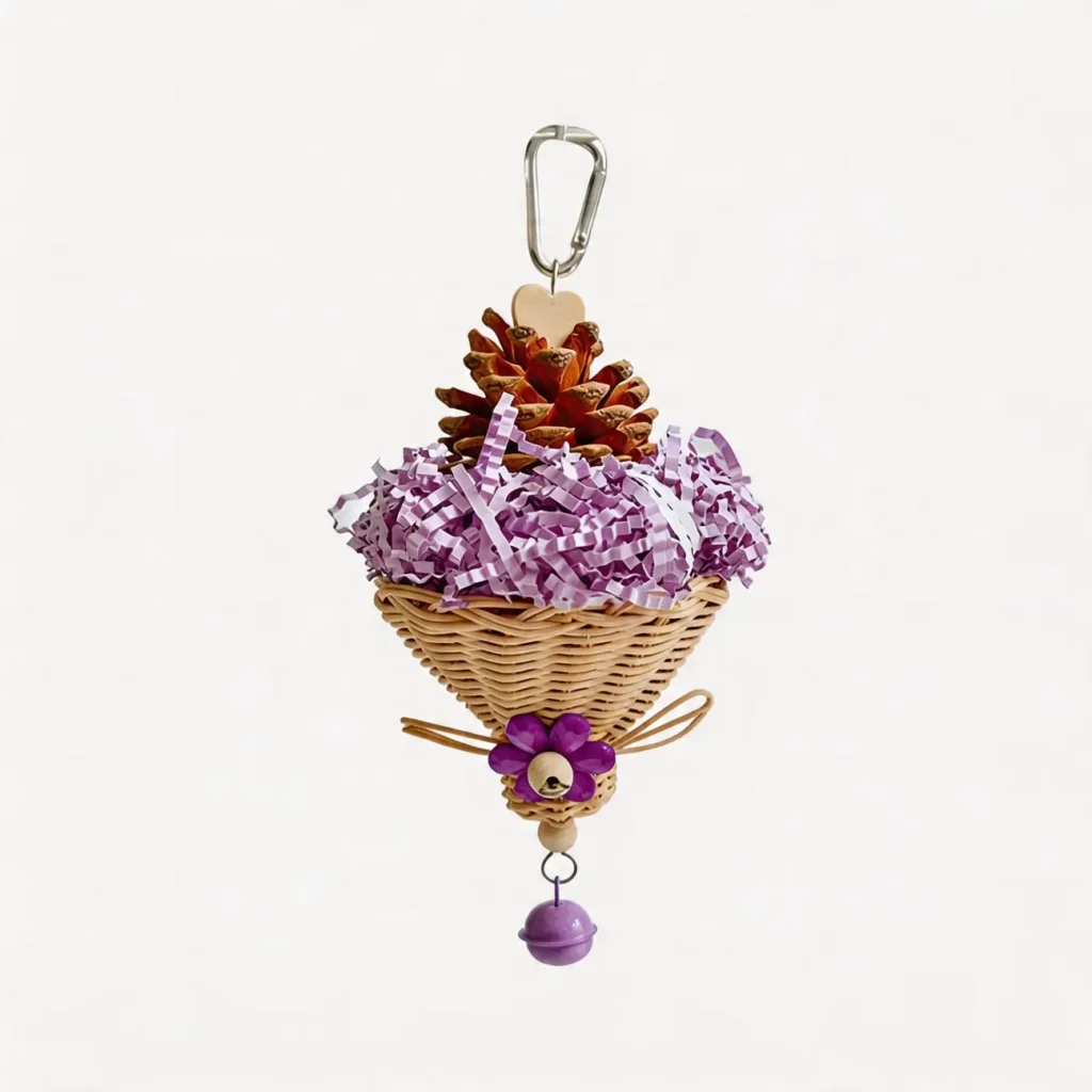 Purple Busy Beak Foraging Basket Bird Toy with crinkle paper, pine cone, wicker basket, and bell for small parrots
