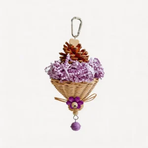 Purple Busy Beak Foraging Basket Bird Toy with crinkle paper, pine cone, wicker basket, and bell for small parrots