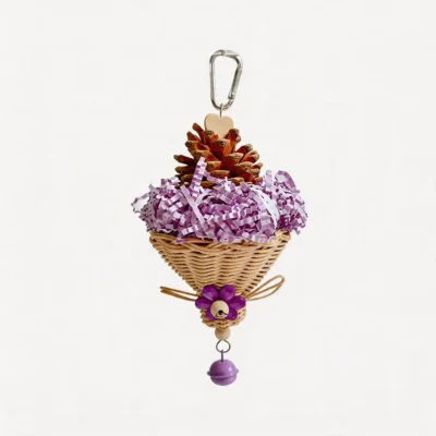 Busy Beak Foraging Basket Bird Toy Purple Purple Busy Beak Foraging Basket Bird Toy with crinkle paper, pine cone, wicker basket, and bell for small parrots