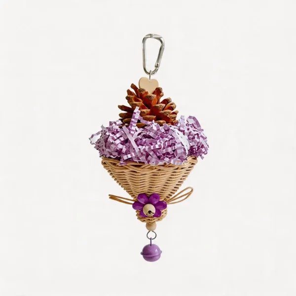 Purple Busy Beak Foraging Basket Bird Toy with crinkle paper, pine cone, wicker basket, and bell for small parrots