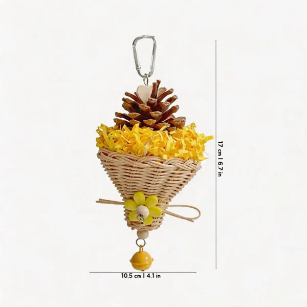 Yellow Busy Beak Foraging Basket Bird Toy with bright crinkle paper, pine cone, wicker texture, and bell