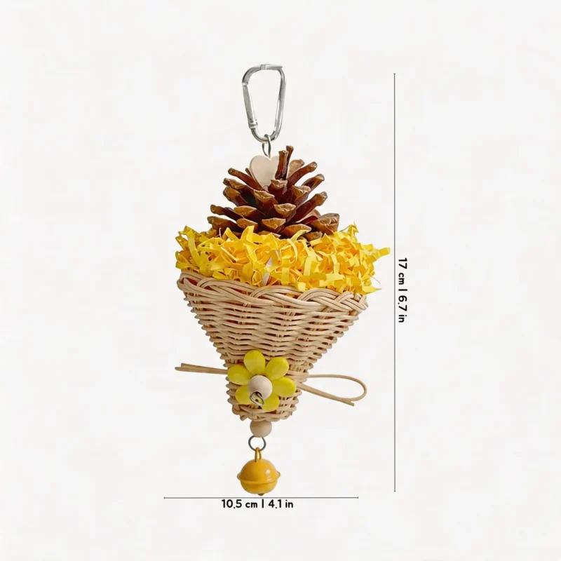 Yellow Busy Beak Foraging Basket Bird Toy with bright crinkle paper, pine cone, wicker texture, and bell