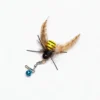 BuzzBee Flutter Feather Cat Wand Replacement with a bee-shaped striped body, natural feather wings, blue bell, and metal clip on a clean white background.