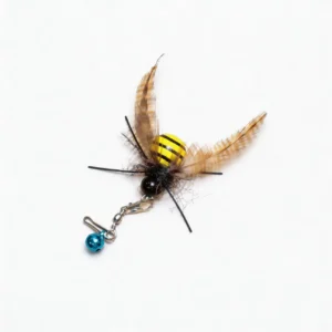 BuzzBee Flutter Feather Cat Wand Replacement with a bee-shaped striped body, natural feather wings, blue bell, and metal clip on a clean white background.