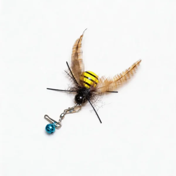 BuzzBee Flutter Feather Cat Wand Replacement with a bee-shaped striped body, natural feather wings, blue bell, and metal clip on a clean white background.