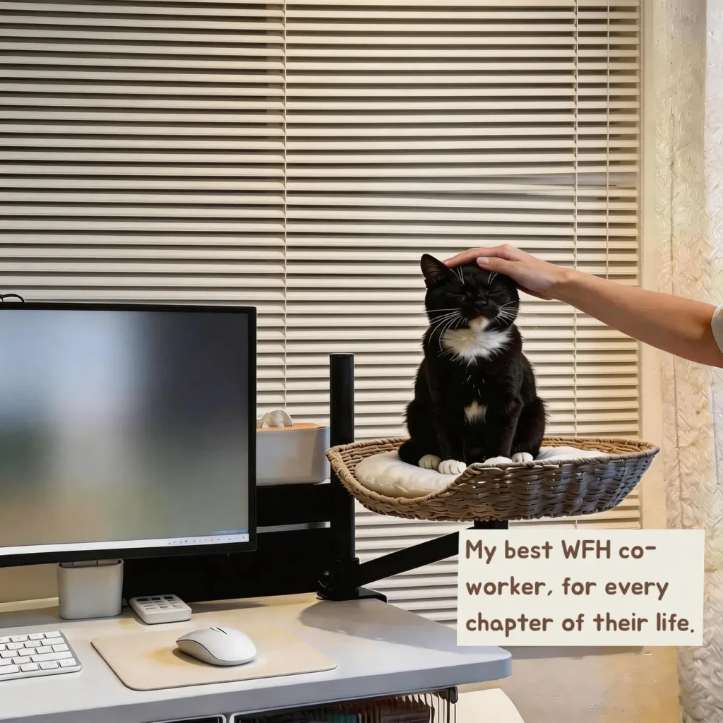 happy tuxedo cat being petted on a desk perch, the perfect work from home companion for documenting your cat's every life stage