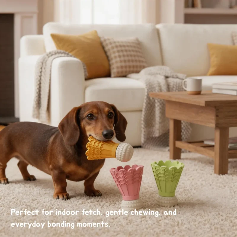Dachshund holding the Cheerful Yellow Shuttlecock Indoor Fetch Dog Toy in a cozy living room for gentle chewing and indoor fetch.