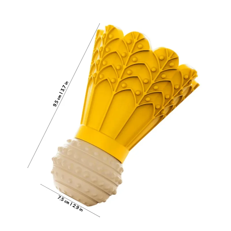 Cheerful Yellow Shuttlecock Indoor Fetch Dog Toy size chart showing 9.5 cm length and 7.5 cm width for small dogs.