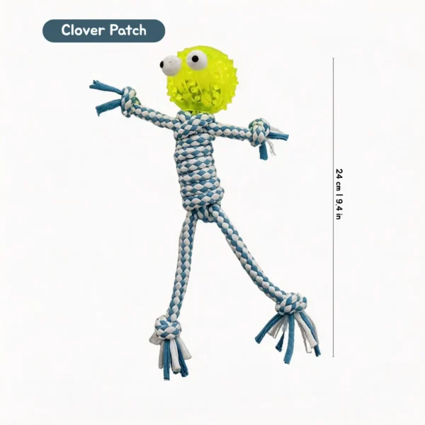 Blue Scarecrow Rope Tug Dog Toy with green textured rubber head, rope knots, and tassel ends for tug and chew play