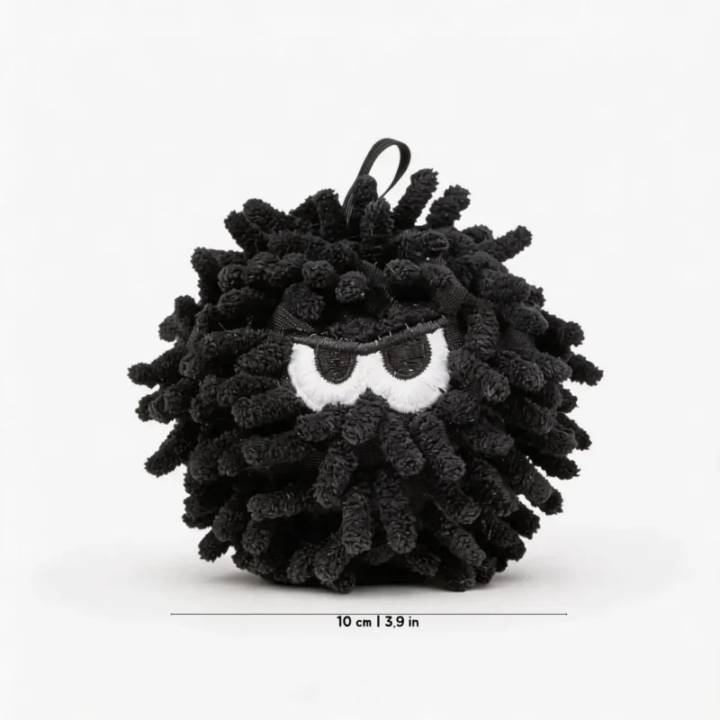 Coal Mist MopPuff Fuzzy Mood Monsters Squeaky Dog Toy with shaggy chenille texture for gentle play.