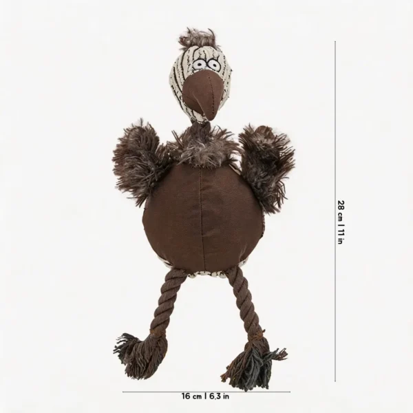 Cocoa Wobbly Ostrich Squeaky Dog Toy with a dark brown plush belly, fluffy wings, rope legs, and a 28 cm / 11 in size guide.
