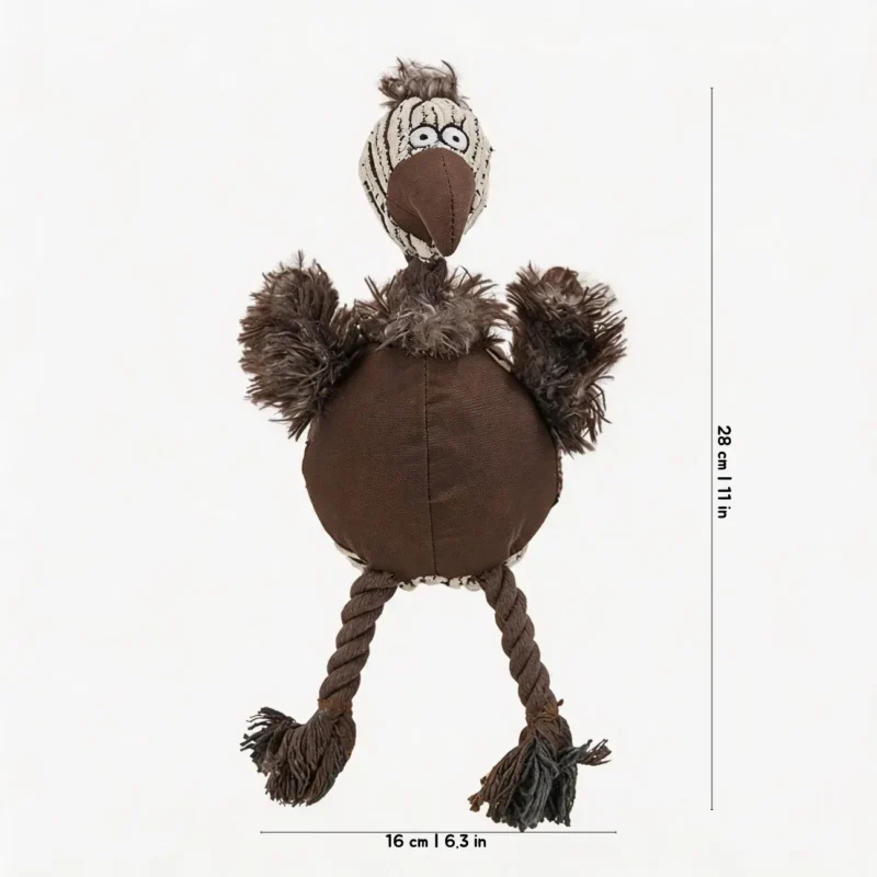 Cocoa Wobbly Ostrich Squeaky Dog Toy with a dark brown plush belly, fluffy wings, rope legs, and a 28 cm / 11 in size guide.