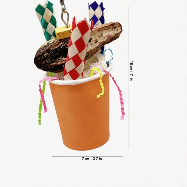 Kraft Snack Cup Shredding Bird Toy with natural wood, cork, crinkle paper, and hanging hook for parrot enrichment