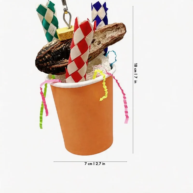 Kraft Snack Cup Shredding Bird Toy Size Kraft Snack Cup Shredding Bird Toy with natural wood, cork, crinkle paper, and hanging hook for parrot enrichment