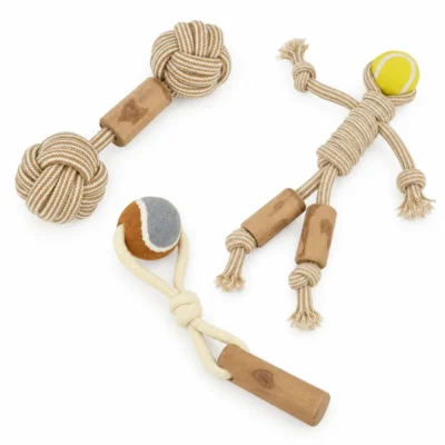 coffee-wood-tug-rope-toy-three-designs Three coffee wood tug rope toy designs featuring cotton rope, tennis ball, and knot details for interactive dog play.