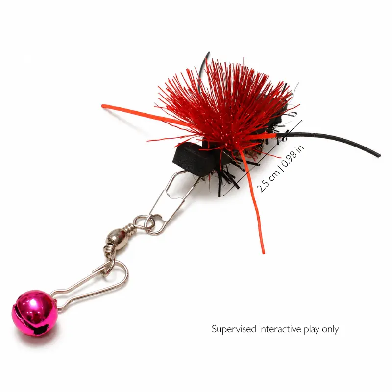 crawling-ant-cat-lure-red-feather-size-detail Close-up size comparison of a red feather crawling ant cat lure with insect details for a small prey-inspired cat wand toy.