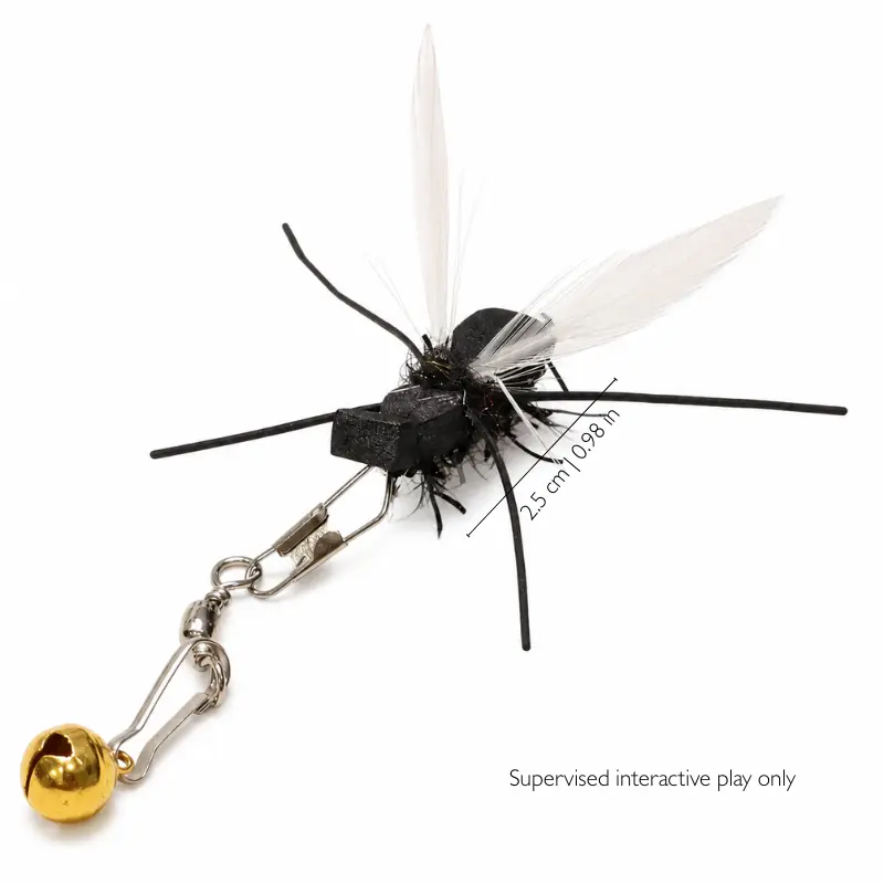 crawling-ant-cat-lure-white-feather-size-detail Close-up size view of a crawling ant cat lure with white feather details, designed as an interactive cat teaser for hunting-style play.